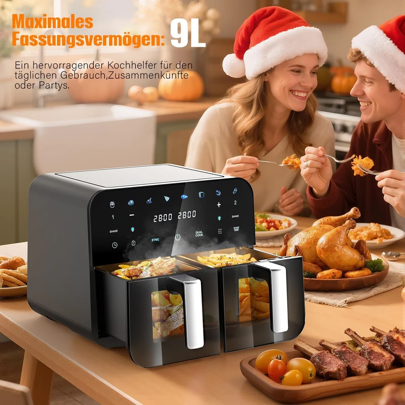 Dual Zone Heissluftfritteuse 9L mit 2 Kamern Kapazität 2 Fächer Sichtfenster Beleuchtung Airfryer To