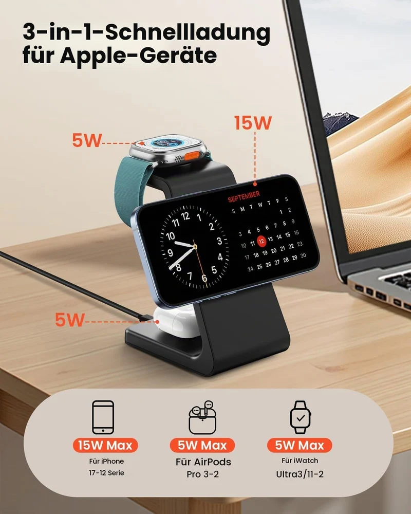 GEEKERA 3-in-1 Ladestation mit MagSafe, Qi2-zertifiziert 15W Schnell Induktive Ladegerät für iPhone