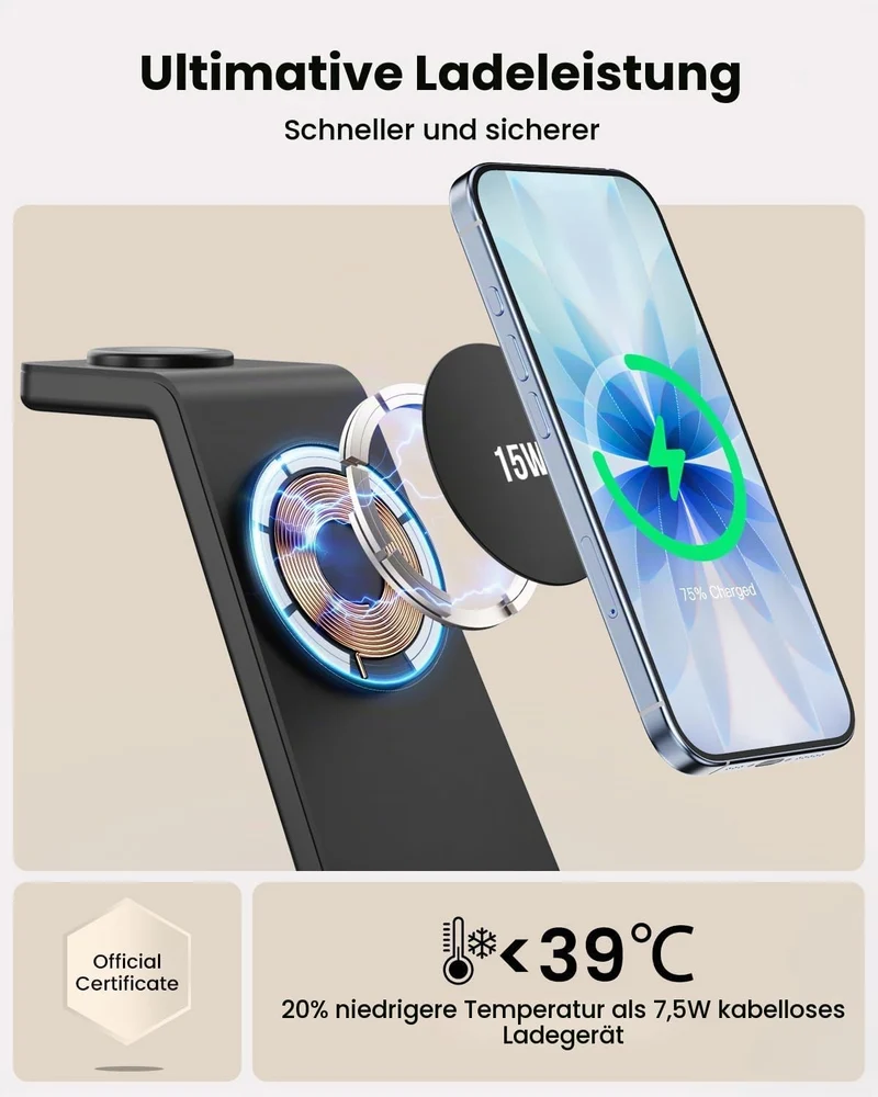 GEEKERA 3-in-1 Ladestation mit MagSafe, Qi2-zertifiziert 15W Schnell Induktive Ladegerät für iPhone