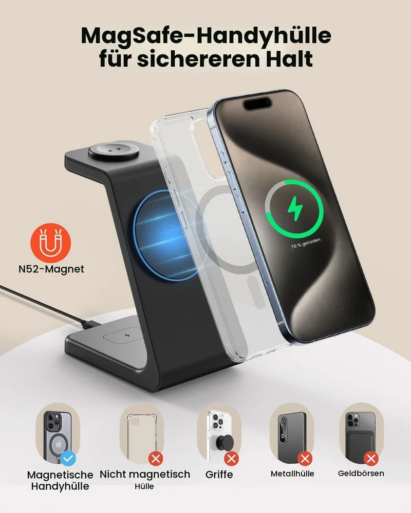 GEEKERA 3-in-1 Ladestation mit MagSafe, Qi2-zertifiziert 15W Schnell Induktive Ladegerät für iPhone