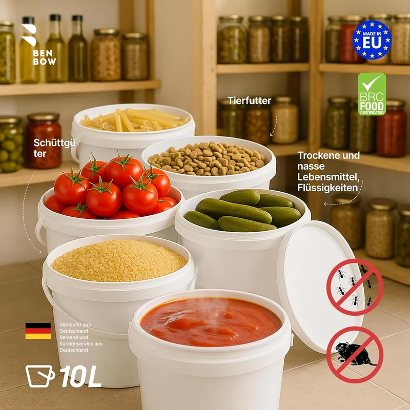 BenBow Eimer mit Deckel 10l Weiss 50x 10 Liter - lebensmittelecht, stabil, luftdicht, auslaufsicher,