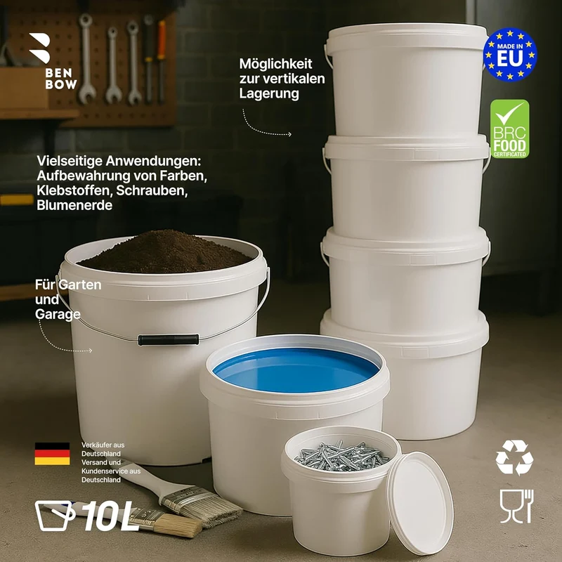 BenBow Eimer mit Deckel 10l Weiss 50x 10 Liter - lebensmittelecht, stabil, luftdicht, auslaufsicher,