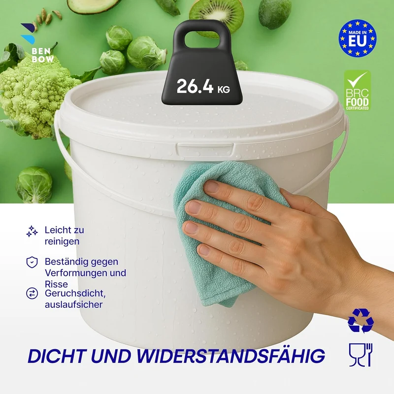 BenBow Eimer mit Deckel 10l Weiss 50x 10 Liter - lebensmittelecht, stabil, luftdicht, auslaufsicher,