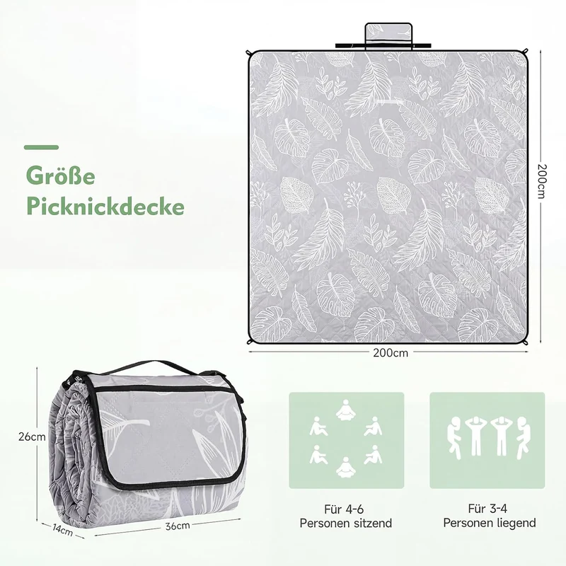 HAUSPROFI Picknickdecke 200x200cm – Wasserdicht, isoliert, XXL Outdoor Decke für Picknick, Strand, G