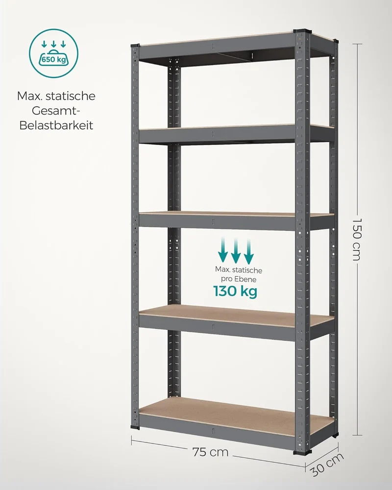 SONGMICS Schwerlastregal, 2er Set, Kellerregal, Lagerregal, 30 x 75 x 150 cm, Regal mit Stahlgestell