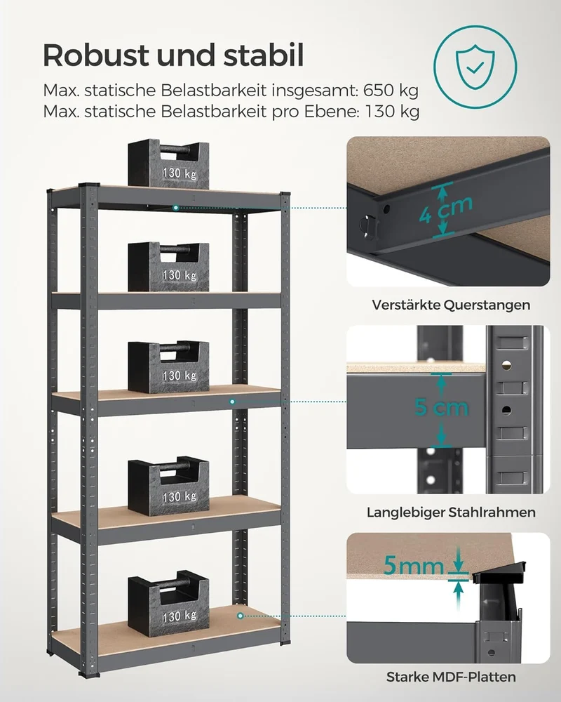 SONGMICS Schwerlastregal, 2er Set, Kellerregal, Lagerregal, 30 x 75 x 150 cm, Regal mit Stahlgestell