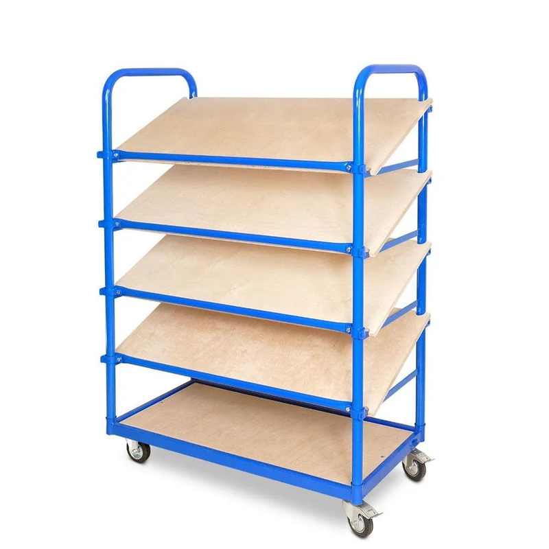 BRB Schrägboden-Regalwagen mit 5 Ebenen, BxTxH 1050x500x1450 mm, 2 Lenk- (mit Feststellbremse) u. 2
