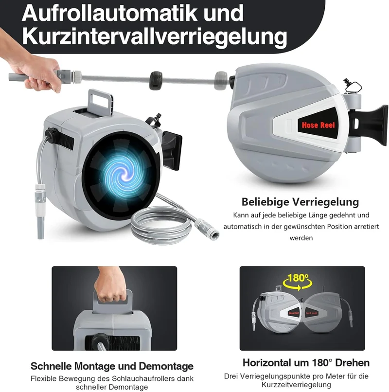 Schlauchtrommel 30m+2m mit Handbrause und Gartenschlauch, Schlauchaufroller Automatisches Aufrollen,
