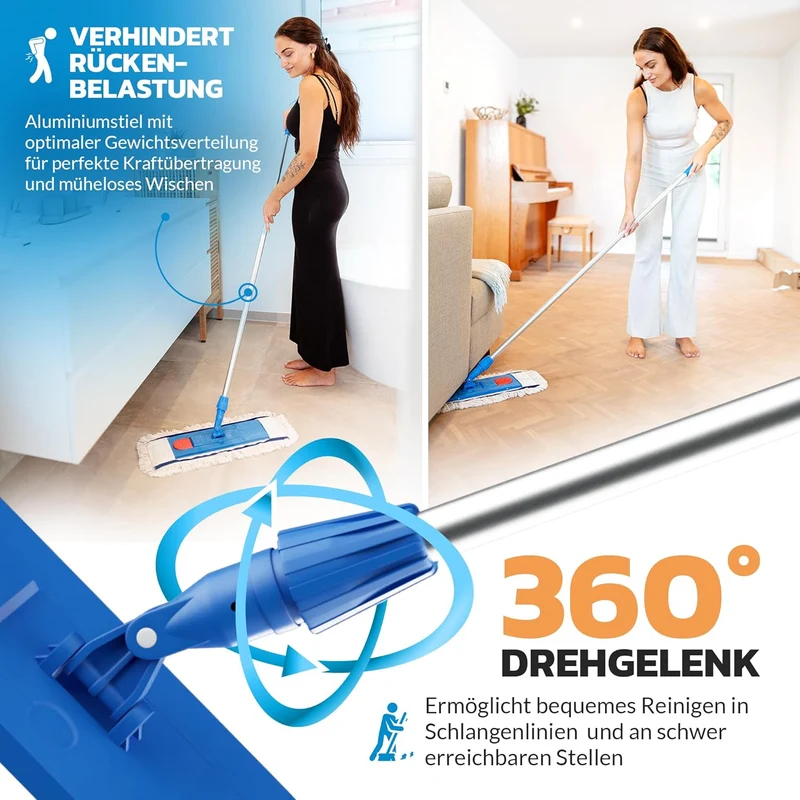 Premium WISCHER Set 50CM | Baumwoll-Wischmopp | 140 cm Alustiel | Magnethalter mit 1 klick System fü