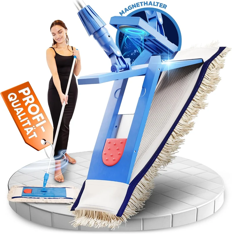 Premium WISCHER Set 50CM | Baumwoll-Wischmopp | 140 cm Alustiel | Magnethalter mit 1 klick System fü