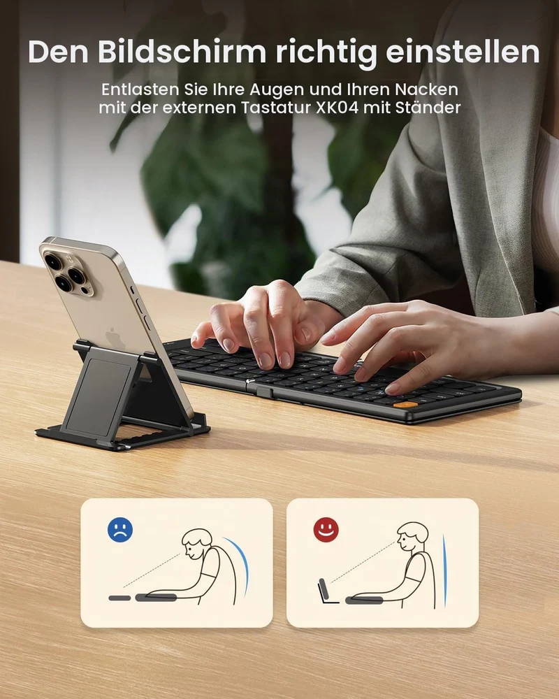 ProtoArc XK04 Faltbare kompakte Tastatur, US Layout tragbare Bluetooth-Tastatur mit PU-Lederbezug, k