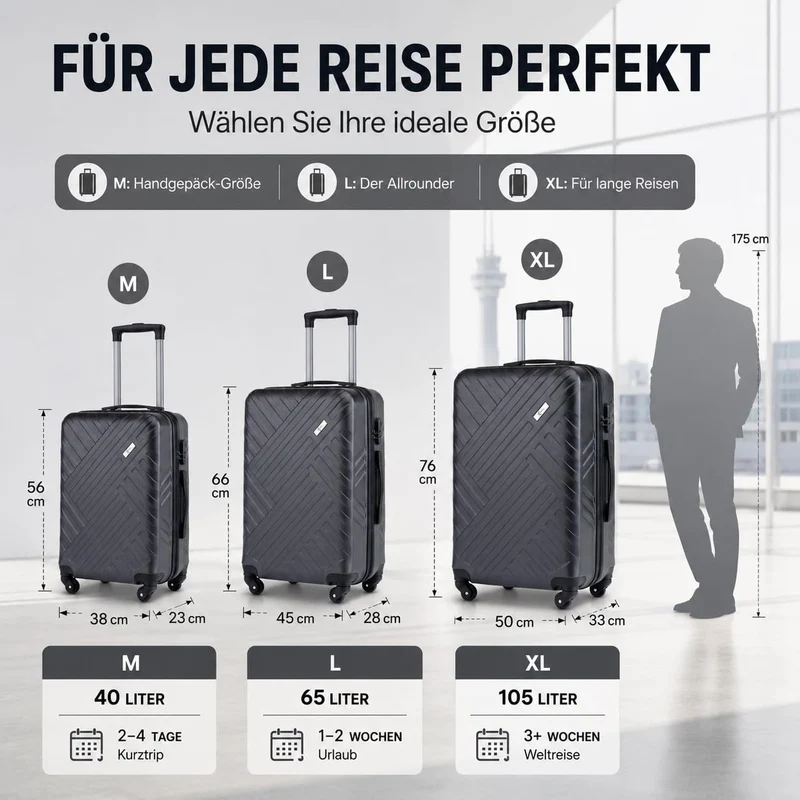 Xonic Design Reisekoffer - ABS Hartschalen Koffer mit 360° Leichtlauf-Rollen - hochwertiger Trolley