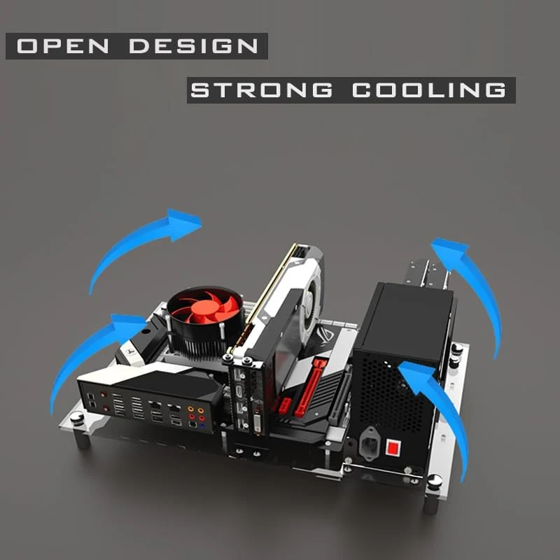 Individualisierbares Open Frame-PC-Gehäuse aus Acryl für ITX Motherboards - Gaming- und Testbank-Rac