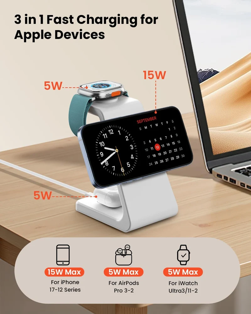 GEEKERA 3-in-1 Ladestation mit MagSafe, Qi2-zertifiziert 15W Schnell Induktive Ladegerät für iPhone