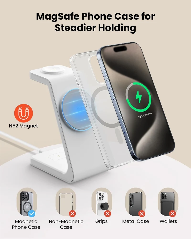 GEEKERA 3-in-1 Ladestation mit MagSafe, Qi2-zertifiziert 15W Schnell Induktive Ladegerät für iPhone