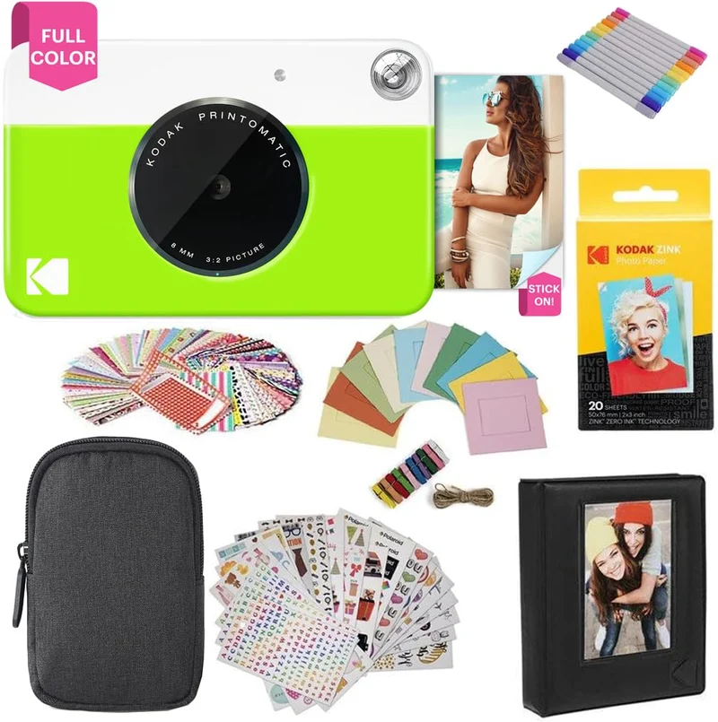 KODAK Printomatic Sofortbildkamera (Grün) Geschenkpaket + Zinkpapier (20 Blatt) + Etui + 7 Aufkleber