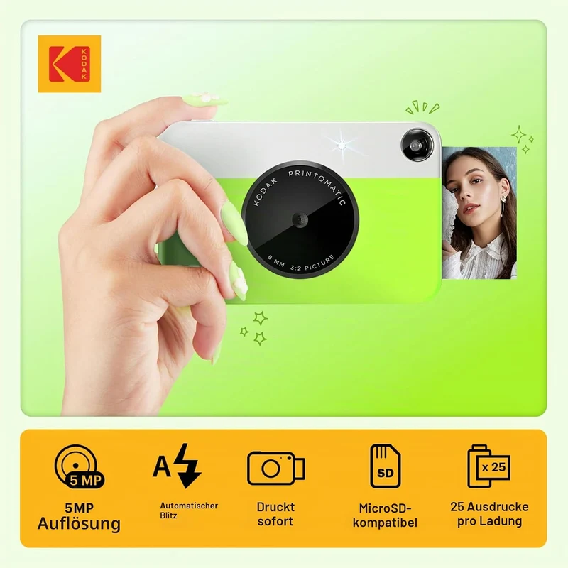 KODAK Printomatic Sofortbildkamera (Grün) Geschenkpaket + Zinkpapier (20 Blatt) + Etui + 7 Aufkleber