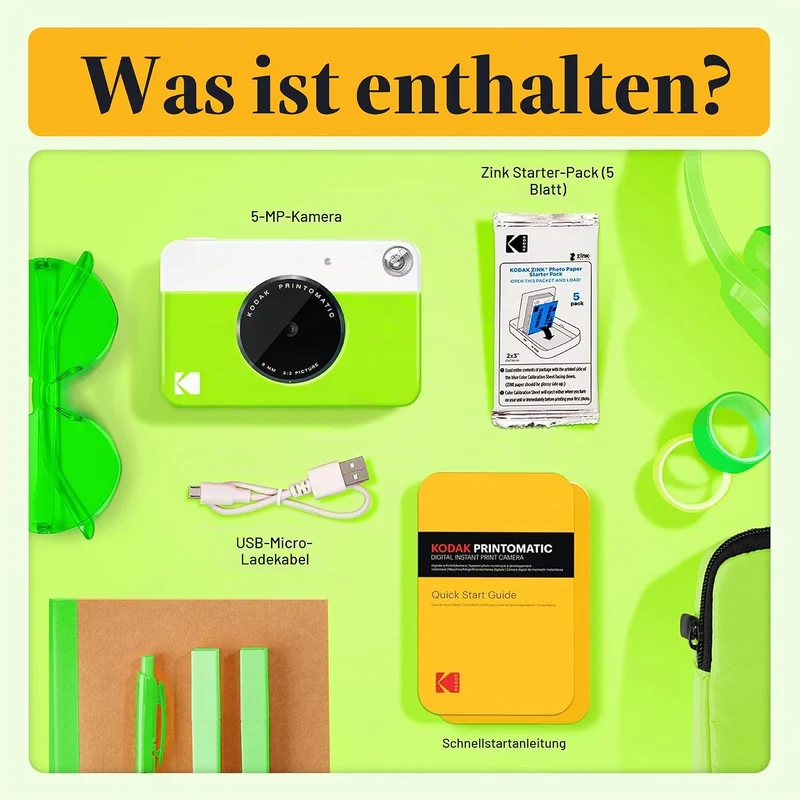 KODAK Printomatic Sofortbildkamera (Grün) Geschenkpaket + Zinkpapier (20 Blatt) + Etui + 7 Aufkleber