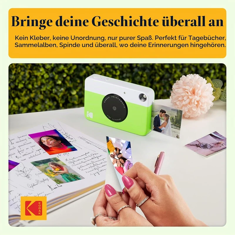 KODAK Printomatic Sofortbildkamera (Grün) Geschenkpaket + Zinkpapier (20 Blatt) + Etui + 7 Aufkleber