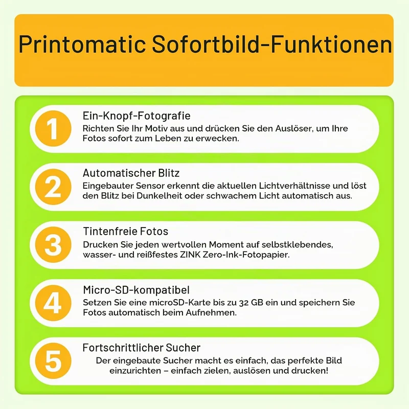 KODAK Printomatic Sofortbildkamera (Grün) Geschenkpaket + Zinkpapier (20 Blatt) + Etui + 7 Aufkleber