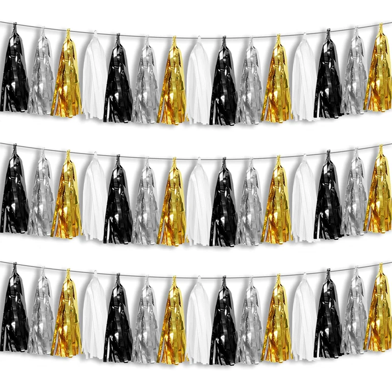3P Schwarz Gold Silber Folie Fransen Metallic Quaste Girlande, Quasten Banner Luftschlangen für Para