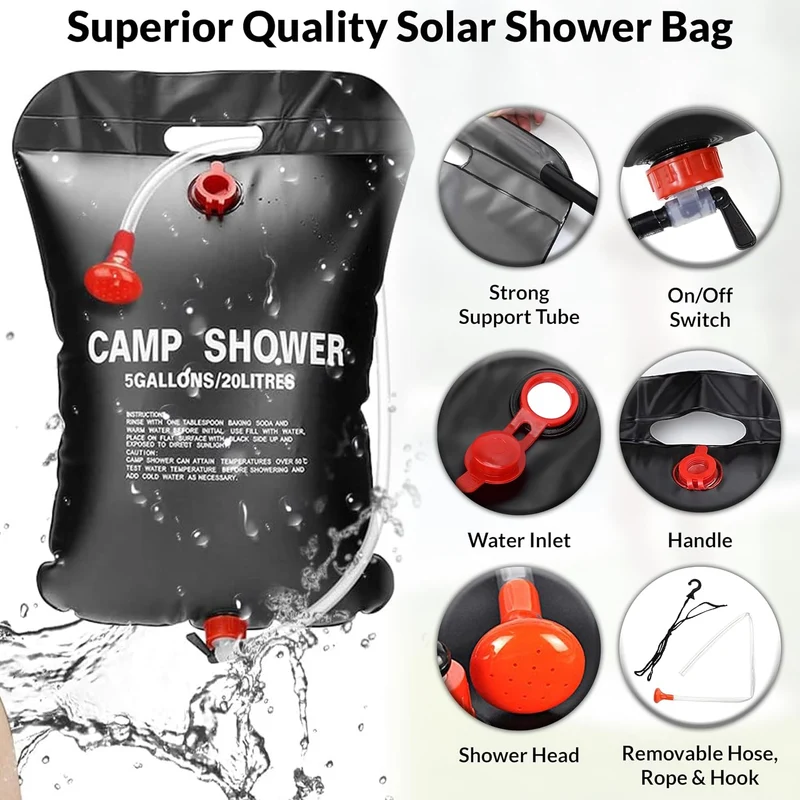 ARSUK Solardusche Camping 20L, Outdoor Warmwasser Aufhängen Duschsack Mit 45 °C Abnehmbarem Schlauch