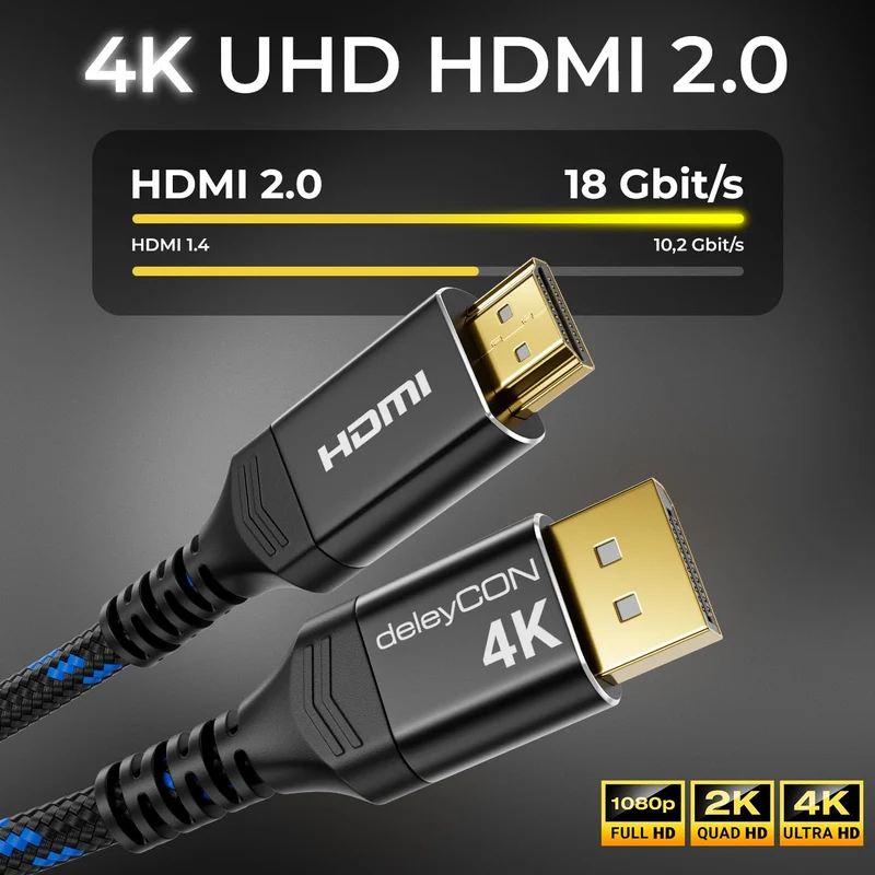 deleyCON 5m 4K DisplayPort auf HDMI Kabel (Für HDMI Monitor, TV, Beamer) - 1080P@60Hz / 4K@30Hz - Al