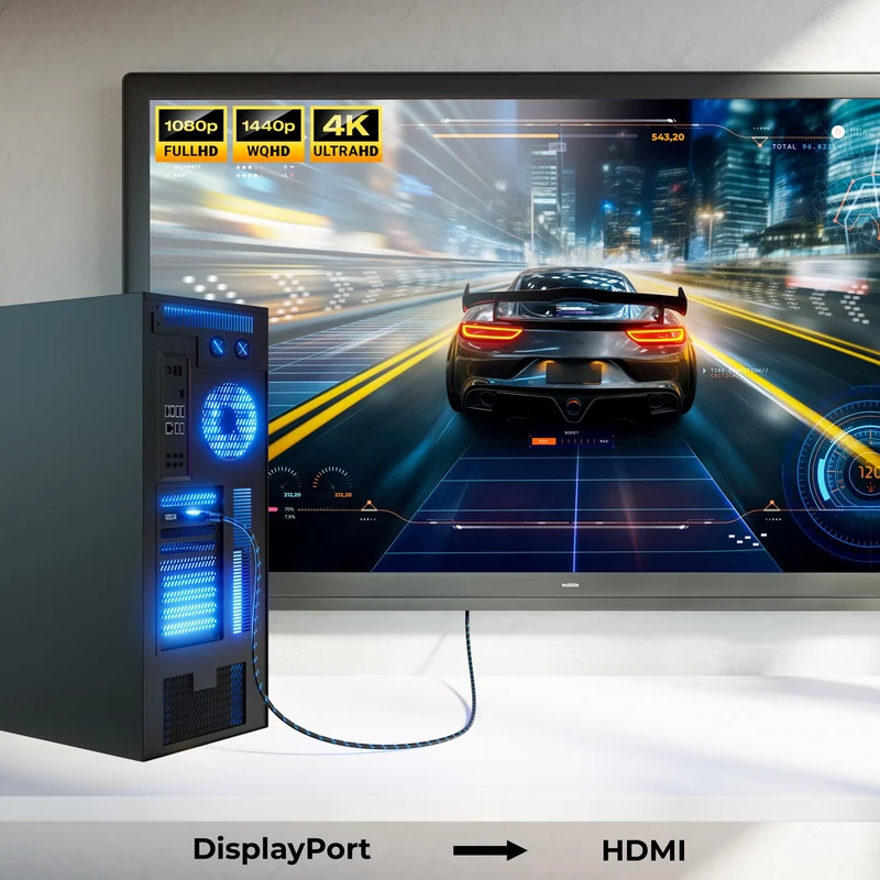 deleyCON 5m 4K DisplayPort auf HDMI Kabel (Für HDMI Monitor, TV, Beamer) - 1080P@60Hz / 4K@30Hz - Al
