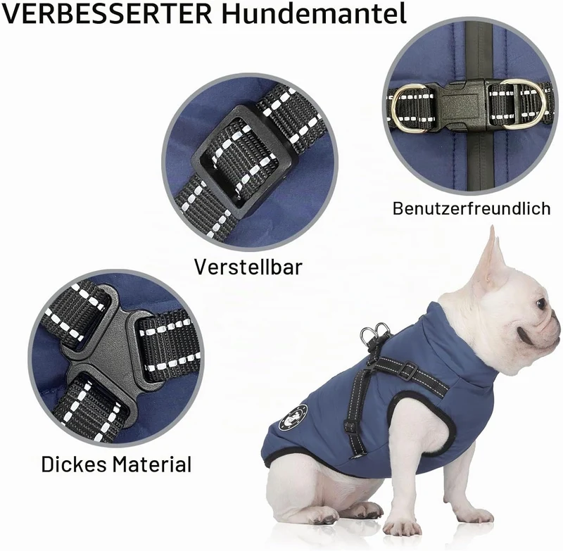 LUOWAN Hundemantel Wasserdicht, Hundemantel Französische Bulldogge, Warme Weste mit Hundegeschirr, V