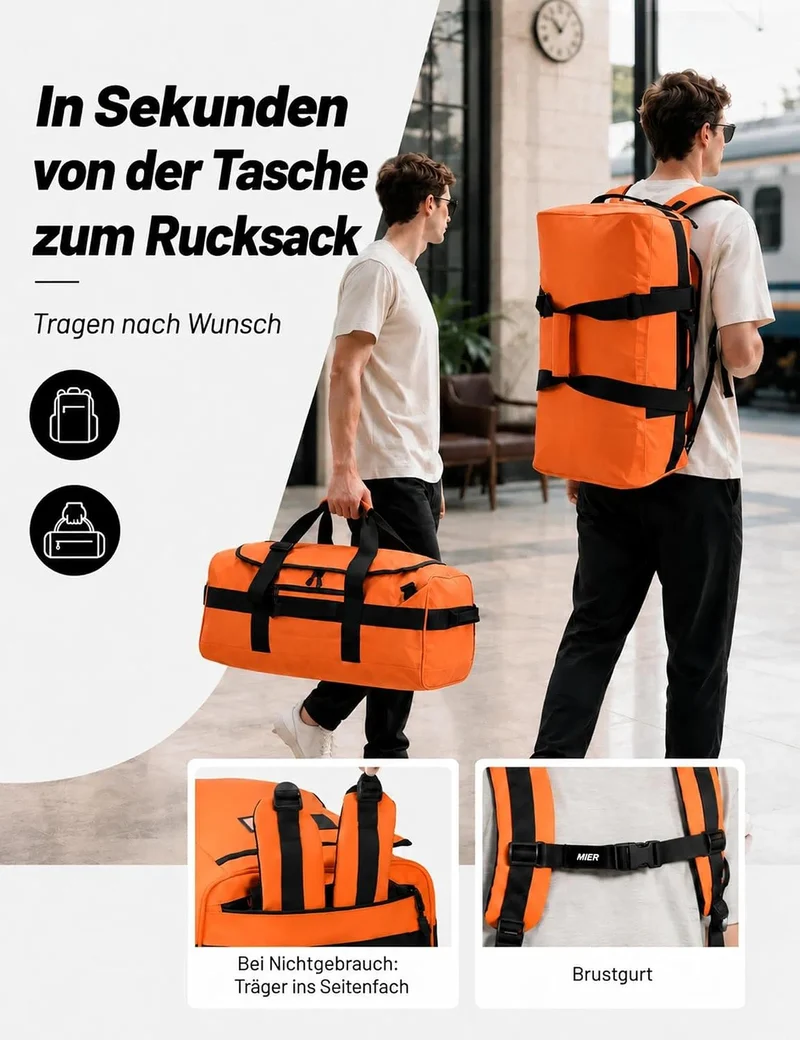 MIER Sporttasche Herren Wasserresistente Reisetasche gross Heavy Duty Convertible Sportrucksack mit