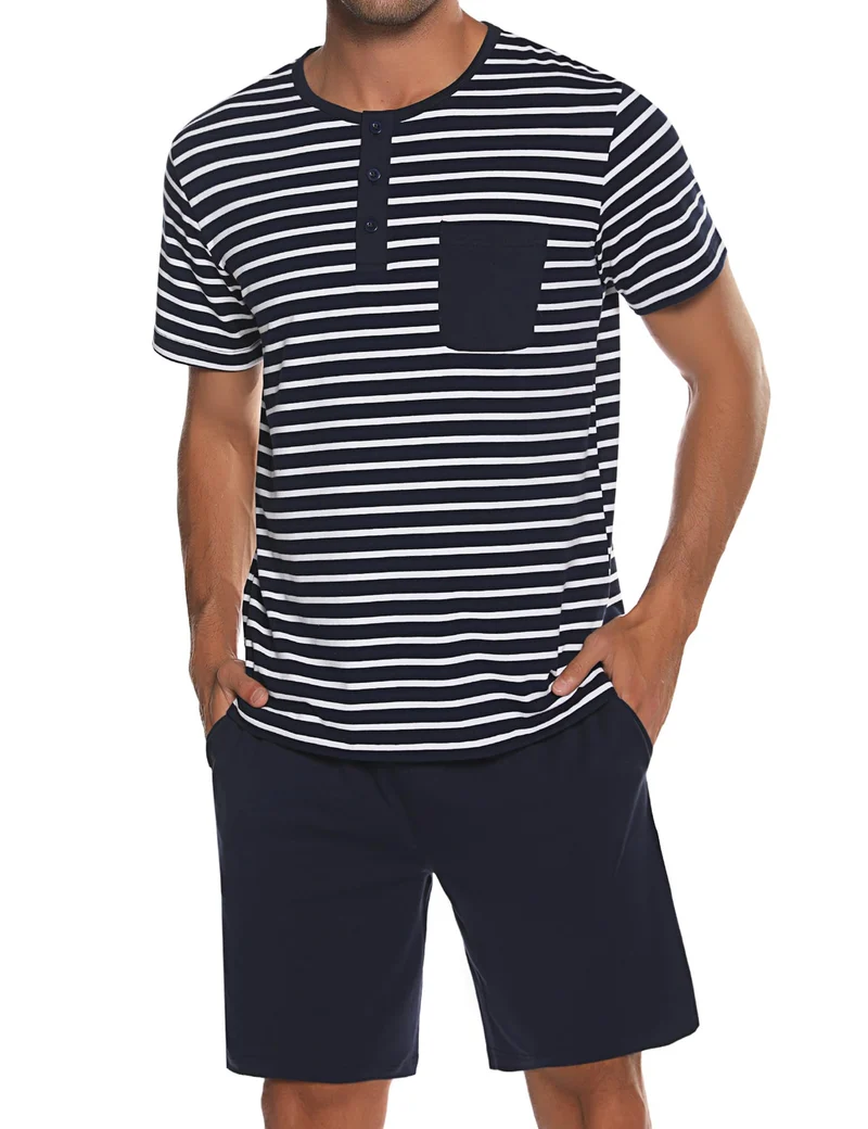 Schlafanzug Herren Kurz aus Baumwolle mit Kontraststreifen Design, Sommer Pyjama Set Oberteile und K