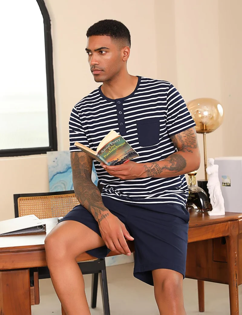 Schlafanzug Herren Kurz aus Baumwolle mit Kontraststreifen Design, Sommer Pyjama Set Oberteile und K