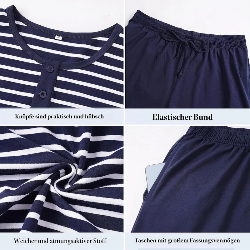 Schlafanzug Herren Kurz aus Baumwolle mit Kontraststreifen Design, Sommer Pyjama Set Oberteile und K