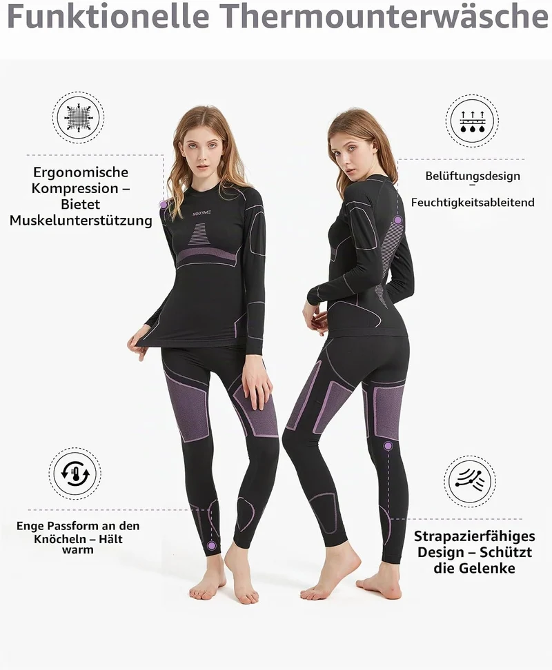 NOOYME Thermounterwäsche Damen Atmungsaktiv Thermowäsche Set Funktionswäsche Anti-bakteriell und Fle
