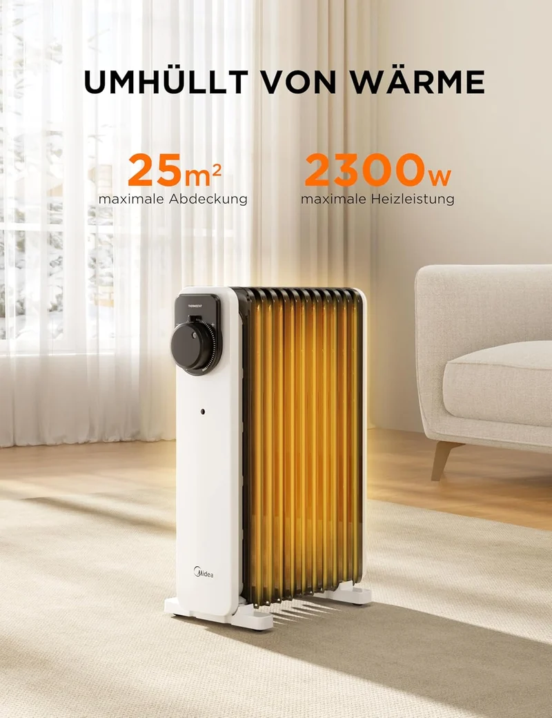 Midea Ölradiator, 2300W 11 Rippen tragbarer Elektroheizer mit Drehknopfregelung und einstellbarem Th