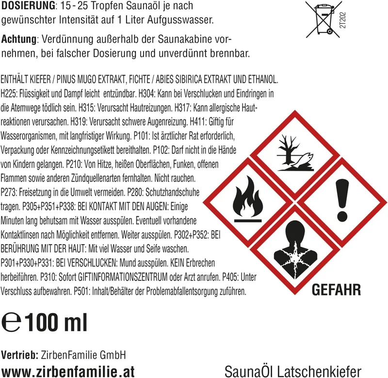 SaunaÖl Latschenkiefer (100ml) für Saunaaufguss mit würzigem Latschenkiefer-Duft Sauna Aufgussmittel