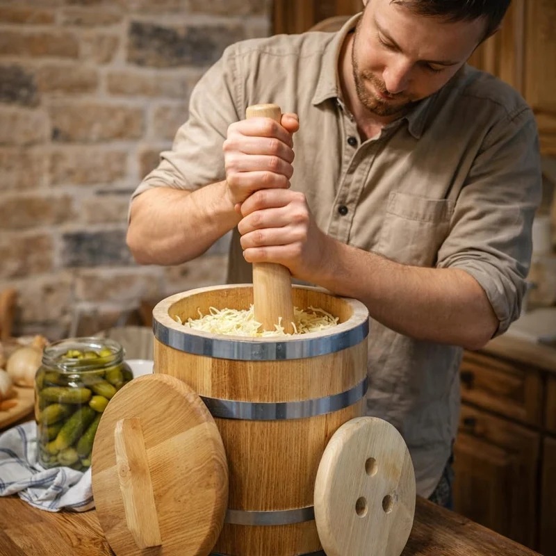Sauerkrautfass 50L aus Eichenholz – Handgemachtes Gärfass mit Deckel & Gewicht – Holzfass zum Einleg
