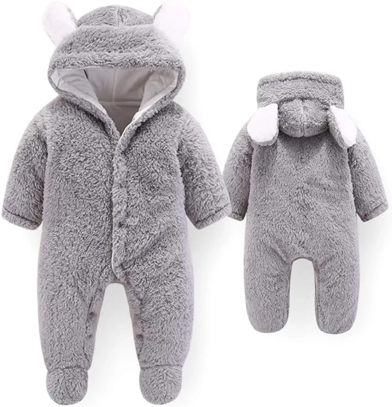Winmany Neugeborene Baby Cartoon Bär Schneeanzug Wintermantel Fleece Kapuze Strampler Jumpsuit Grau