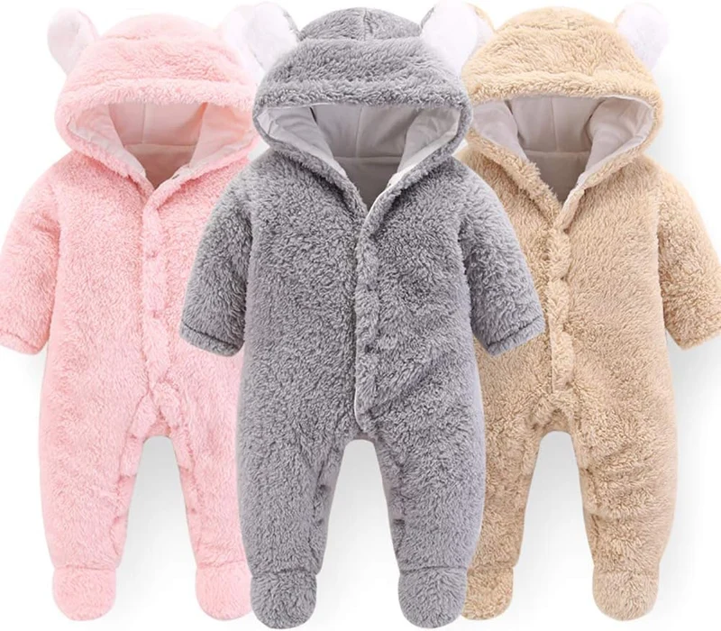 Winmany Neugeborene Baby Cartoon Bär Schneeanzug Wintermantel Fleece Kapuze Strampler Jumpsuit Grau