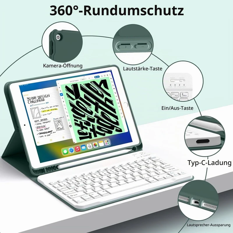 JKSML Tastatur Hülle für iPad 9./ 8./ 7. Generation (2021/2020/ 2019) mit Pencil Halter, Soft TPU Rü