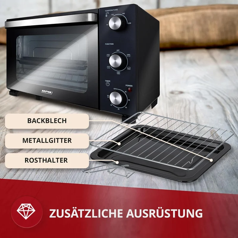 MPM Freistehender Elektrischer MPE-14/T - Ofen 22 Liter - Mini-Ofen mit Umluft und Timer - 1300W - S