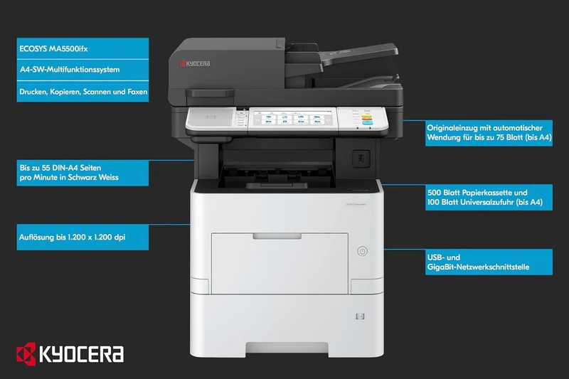 Kyocera Ecosys MA5500ifx Multifunktionsdrucker Schwarz Weiss, 55 Seiten pro Minute. Drucker Scanner