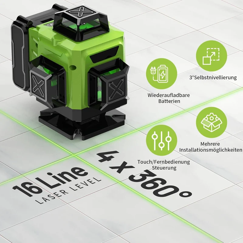 Kreuzlinienlaser mit Stativ, 16 Linien Laser Wasserwaage IP54 Laser Level, 4 x 360 ° Kreuzlinienlase
