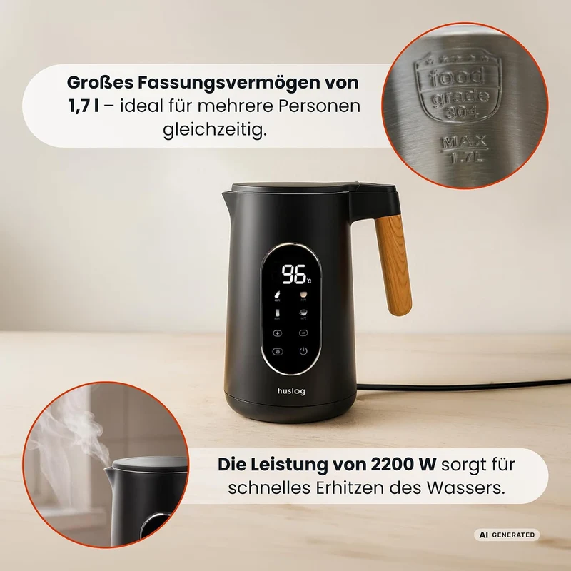 1,7L Wasserkocher Touchpanel Holzgriff Modern 2200W