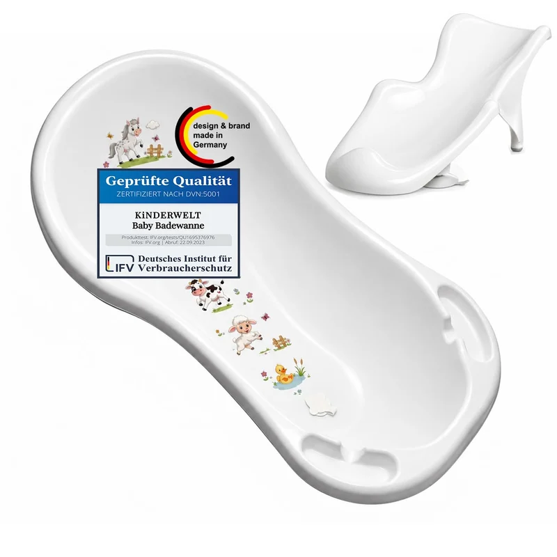 Funny Farm weiss Baby Badewanne XXL 100 cm mit Stöpsel + Badesitz, Weiß