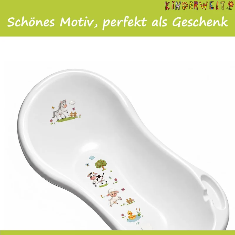 Funny Farm weiss Baby Badewanne XXL 100 cm mit Stöpsel + Badesitz, Weiß