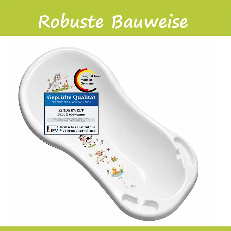 Funny Farm weiss Baby Badewanne XXL 100 cm mit Stöpsel + Badesitz, Weiß
