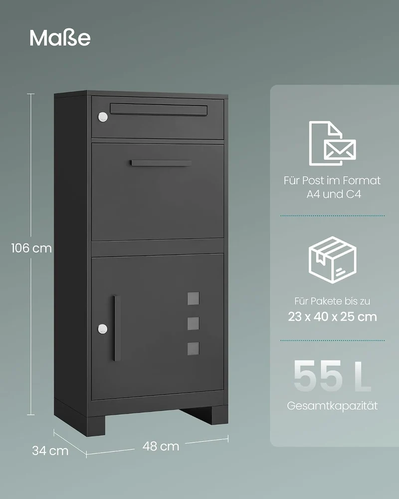 SONGMICS Paketbox, Paketbriefkasten, Briefkasten mit Paketfach, Paketkasten XXL, für Briefe, Pakete,