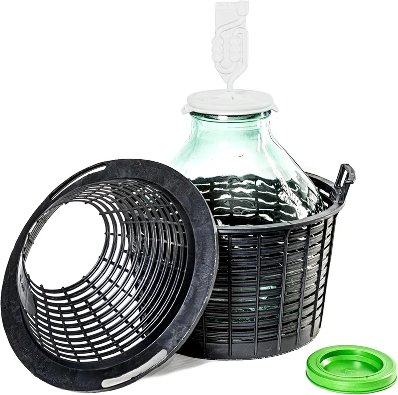 Weithalsballon 25L mit Korb, Gärröhrchen, Gummistopfen, Weinballon, Kunststoffkorb, Glasballon, Flas