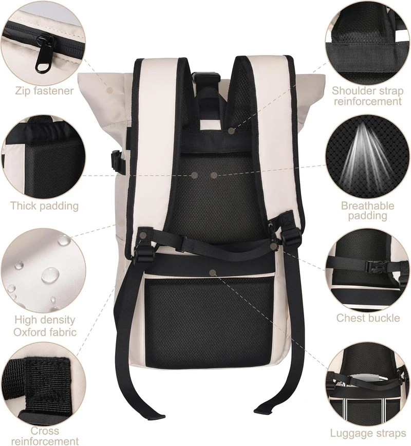Rucksack Damen,Rolltop Rucksack Herren,28L Gross Schulrucksack Rucksack Wasserdicht mit Laptopfach 1